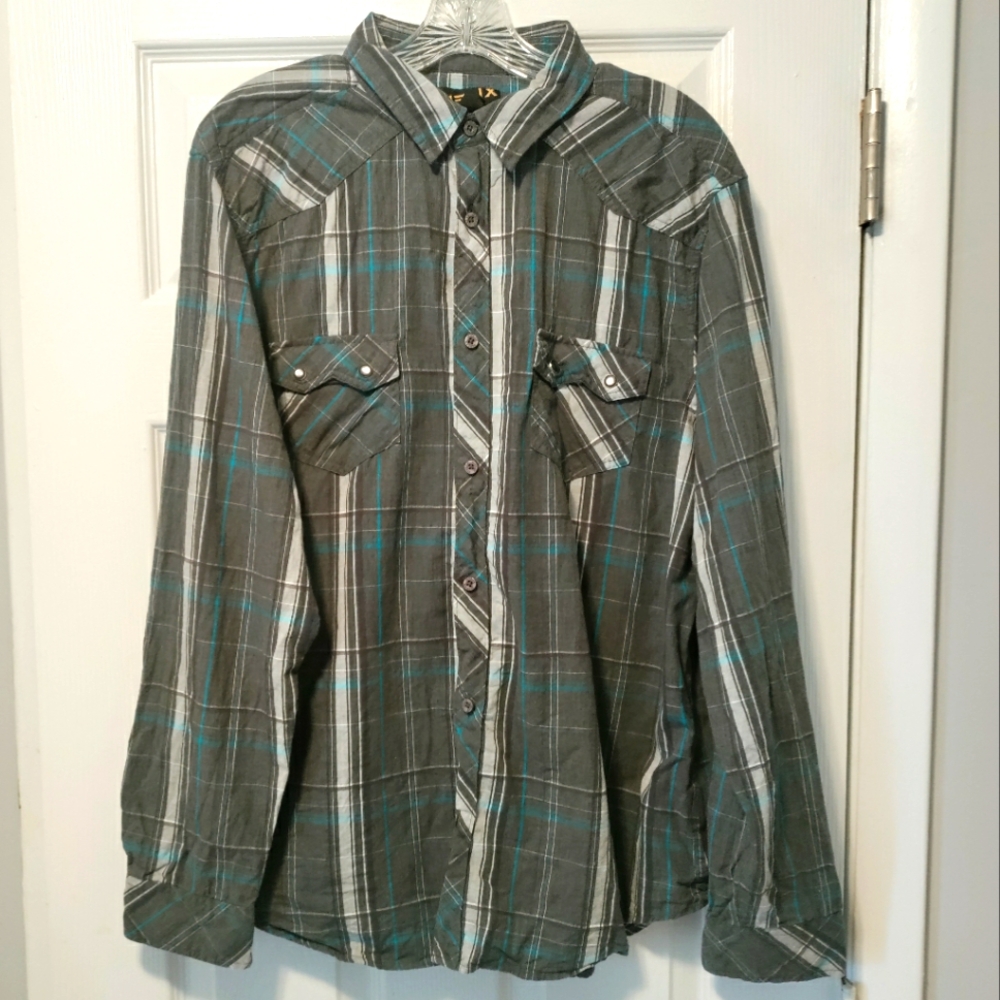 Helix Gray, White, And, Blue Plaid,  Long Sleeve Shirt, Size: Xl